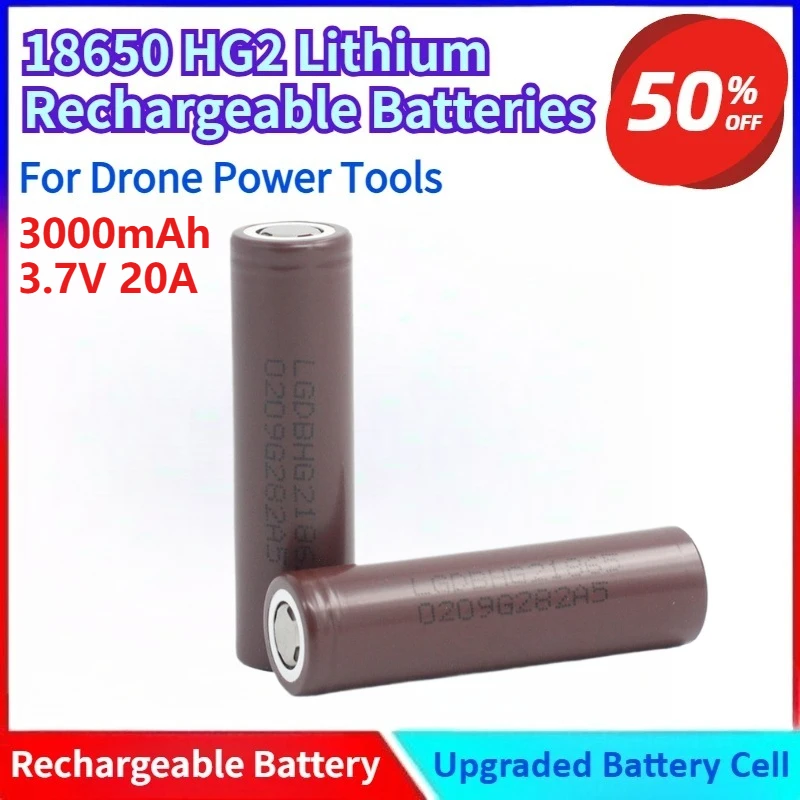 

Brand New 3000mAh 3.7v 18650 HG2 Lithium Rechargeable Batteries Continuous Discharge 20A for Drone Power Tools