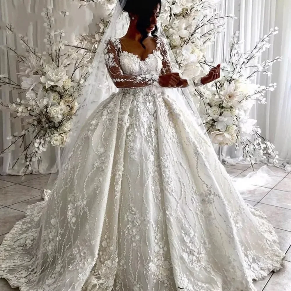 

Customized Wonderful Scoop Neck 3 D Appliques Ballgown Wedding Dress Chapel Train Plus Size Illusion Full Sleeves Luxury B