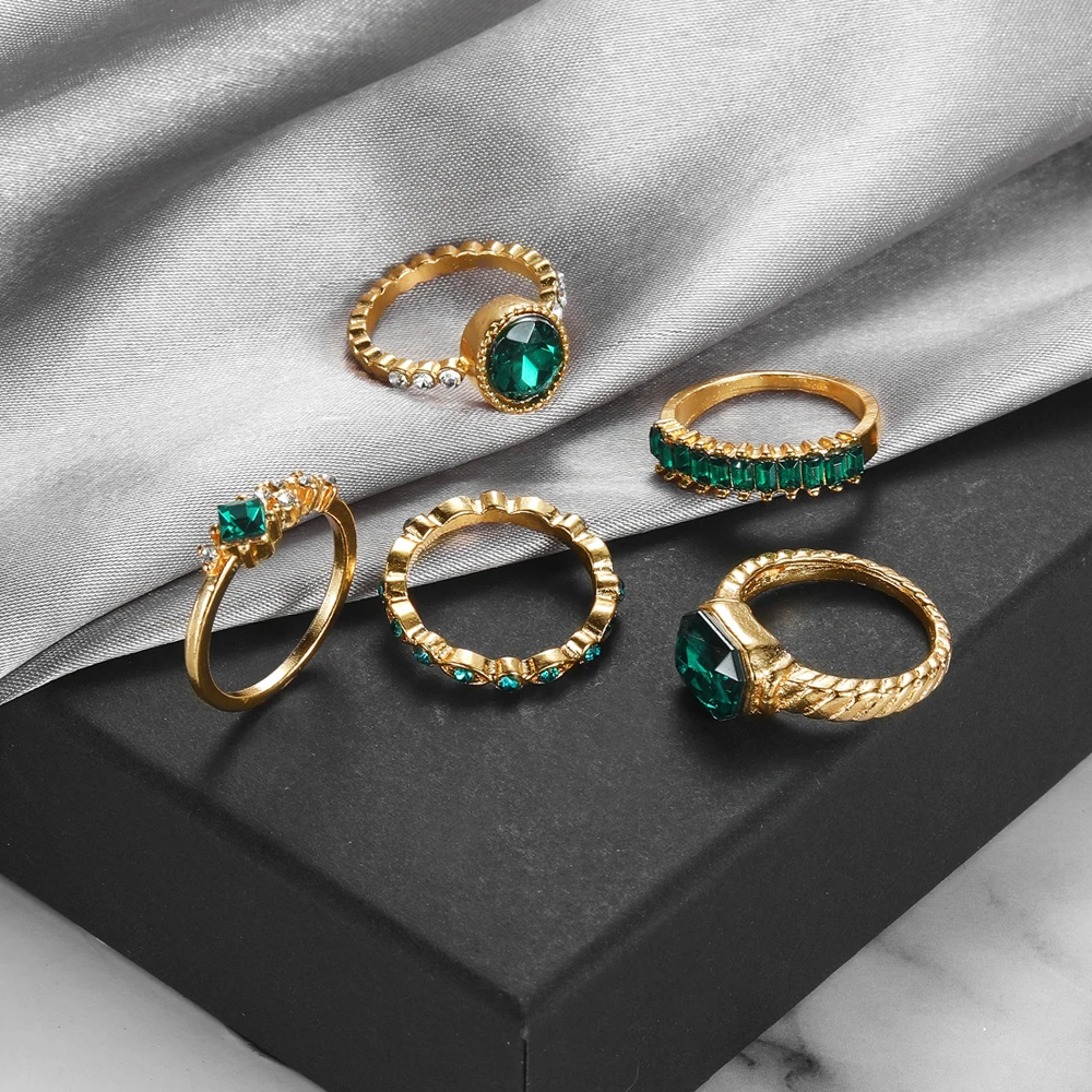 KISSWIFE 5Pcs/Set Vintage Green Gem Rings Set For Women Girls Gold Color Metal Zircon Finger Rings Elegant Female Jewelry 2022