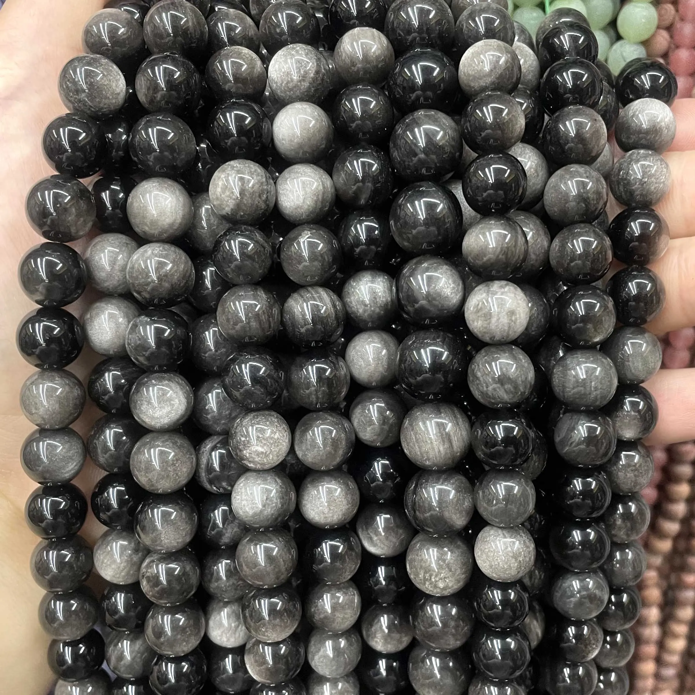 4 6 8 10 12 14MM Natural Stone Silver Obsidian Round Loose Spacer Beads For Jewelry Making DIY  Bracelets Necklace Accessories