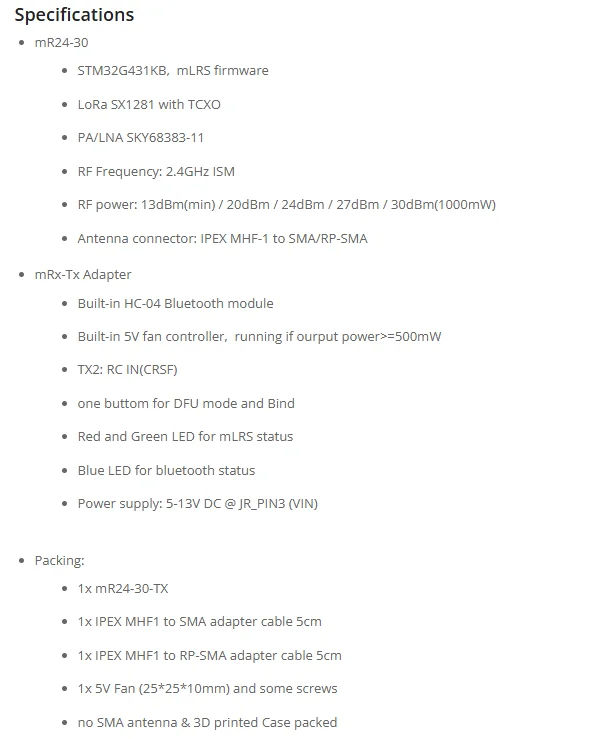 MATEK MATEKSYS MR24-30-TX MLRS MAVLINK 2,4 ГГц TX МОДУЛЬ KIT 2,4G LoRa 30 DBm Мощность для радиоуправляемой модели дальнего действия