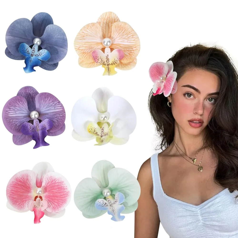 

Flower Hair Clips 6 Pcs - Hawaiian Tropical Orchid Hair Clips Bohemian Hairpins with Artificial Silk Flowers for Women Beach
