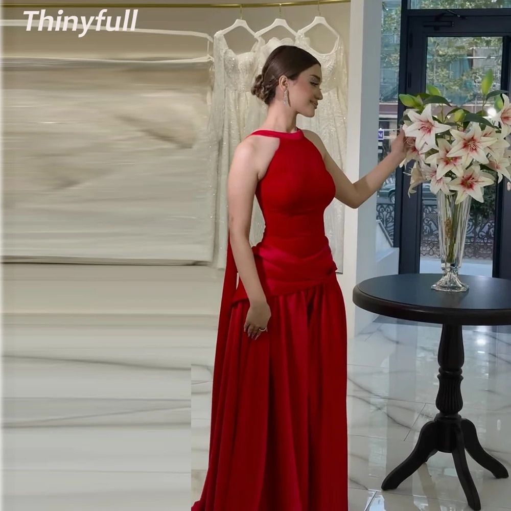 

Thinyfull A-line Satin Red Prom Dresses Halter Sleeveless Evening Party Dress Dubai Long Formal Gown Robe De Soirée Customized