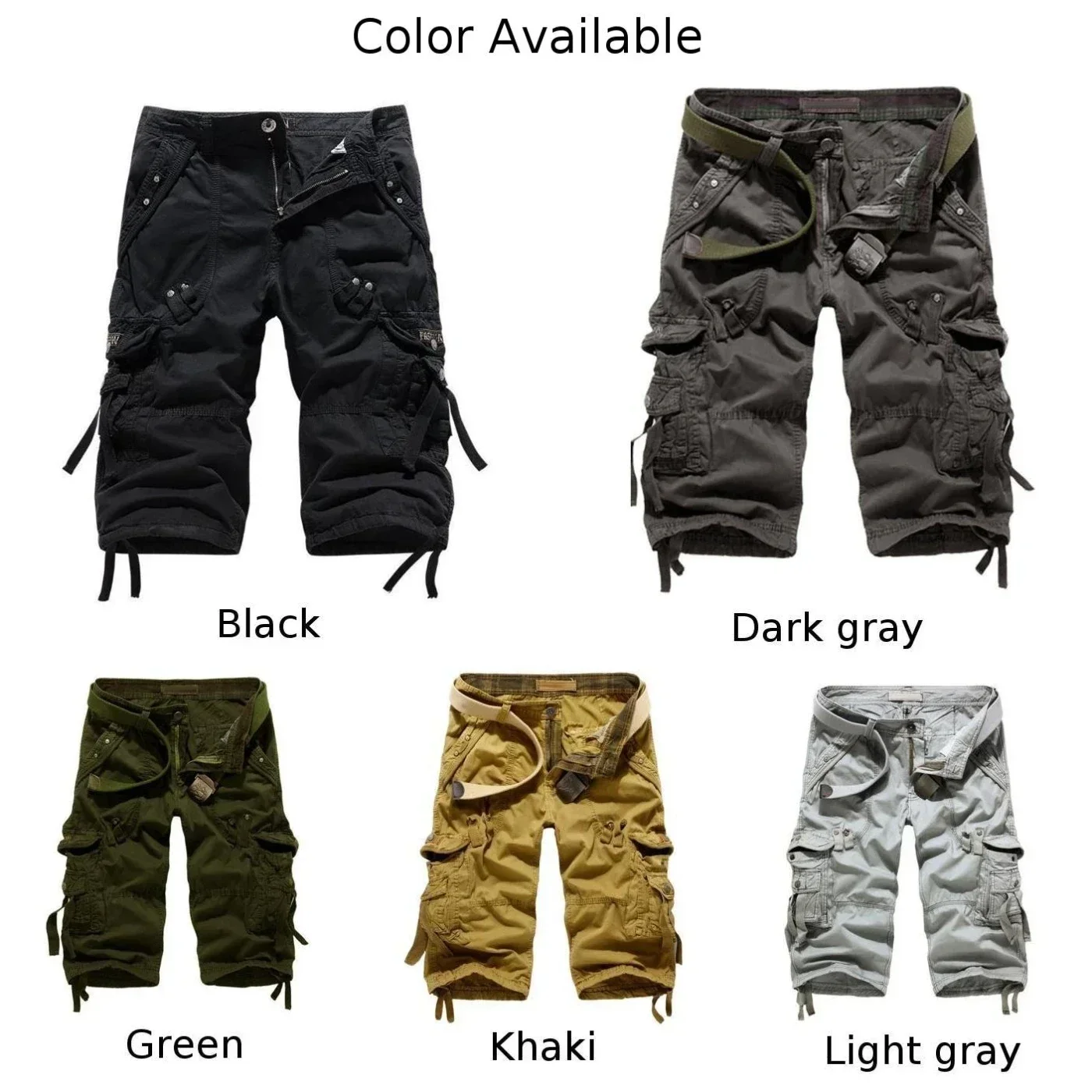 Calça curta de camuflagem do exército respirável masculina, calção de trabalho, casual, tamanho grande, bolsos, macio, cor sólida, meia calça