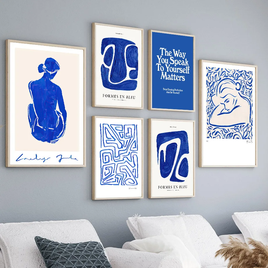 1 Stück rahmenloser Wandkunstdruck auf Leinwand, blaues Mädchen, Körper, Tauben, Linie, minimalistisch, abstrakt, Wohnzimmer, Heimdekoration, P