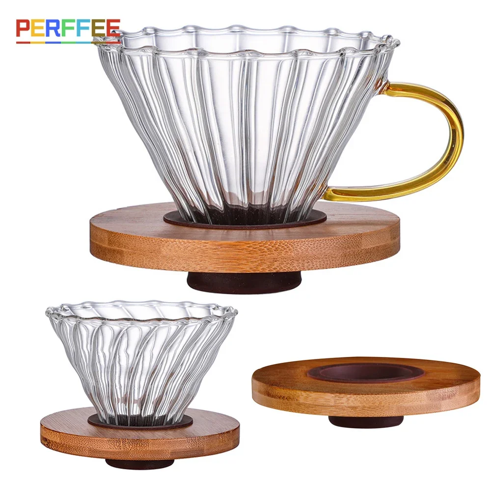 

Glass Coffee Filter Funnel with Wooden Holder Hand Drip Reusable Coffee Dripper Glass Drip Brewing Coffee Filters 01 02 Funnel