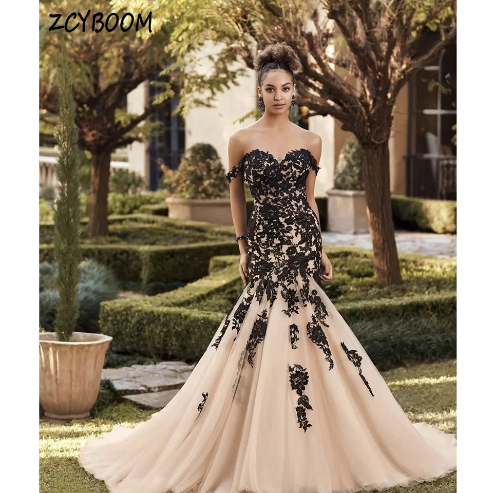 Vestido de novia de sirena con hombros descubiertos, traje negro encantador con apliques de escote Corazón, longitud hasta el suelo, tren de barrido, cremallera, noche, 2023