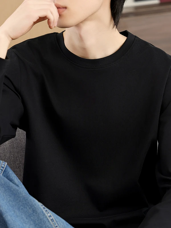 Spring Autumn Pure Cotton Long Sleeve round Neck Men's T-shirt Versatile Shoulder Fit Luminous Inner Wear Base Shirt