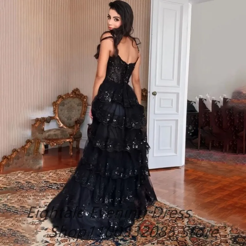 Eightale 2025 Black Sparkle Lace Tiered Ruffles Evening Dresses Spaghetti Straps Side Slit Prom Dresses Dubai Formal Party Gown