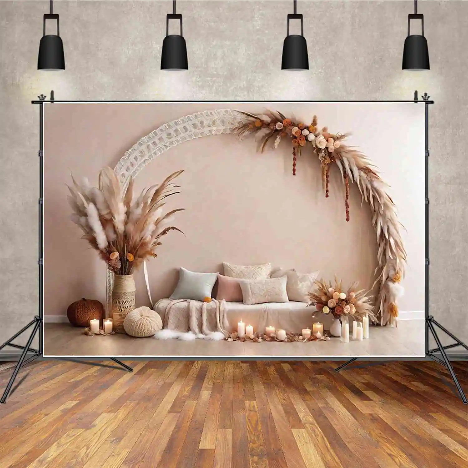 MOON.QG Modern Living Room Birthday Backgrounds Children's Boho Arch Feather Backdrop Custom Party Decoration Photozone Supplies