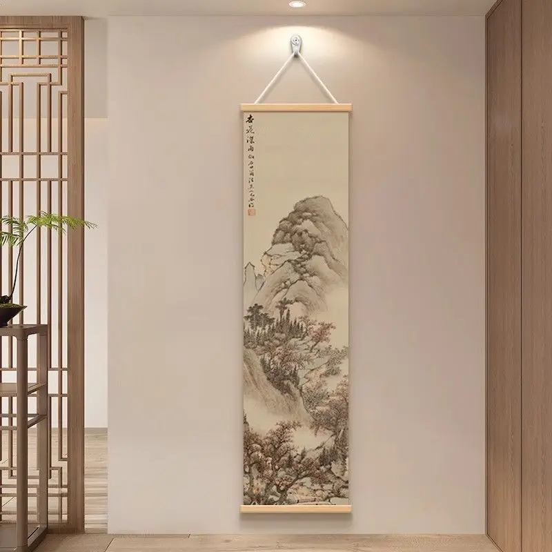 Zen Dry Landscape Wall Art, Wooden Frame Ink Painting for Living Room Meditation Decor, Asian Minimalist Scroll Hanging Painting