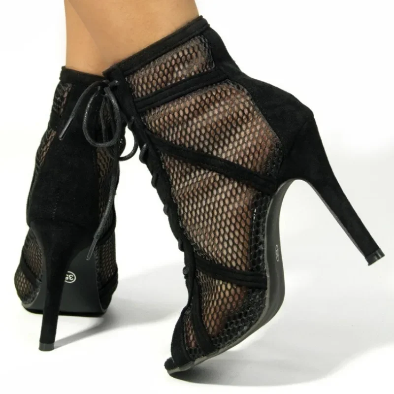 New Fashion Show Black Net Fabric Cross Strap Sexy High Heel Sandals Woman Shoes Pumps Lace-up Peep Toe Sandals Casual Mesh