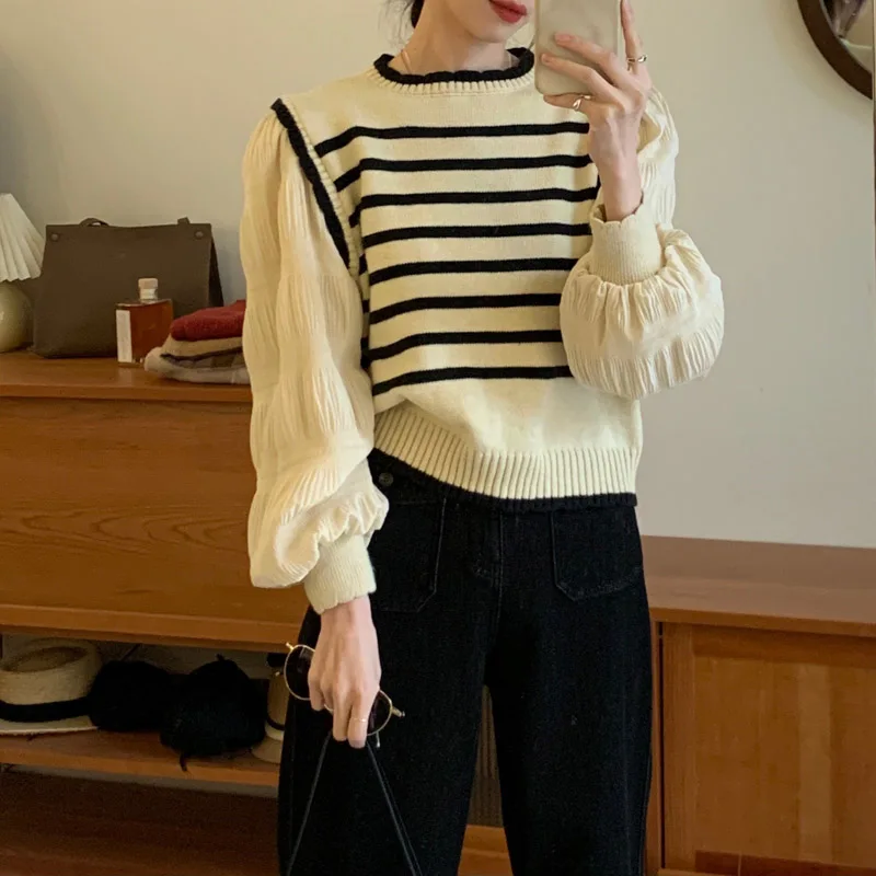 

Boring Honey Autumn Fashion Fake Two Pieces Tops Women Stripe Sweater Vest Join Together Chiffon Long Sleeve T-Shirt New Slim T