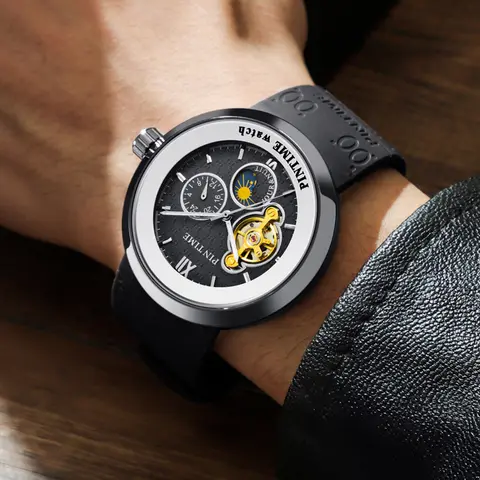 PINTIME Ny helautomatisk mekanisk klocka med ihålig tourbillon-design Moderiktig affärsstil för män mekanisk klocka 8 best sales Pintime-klocka för män - №5