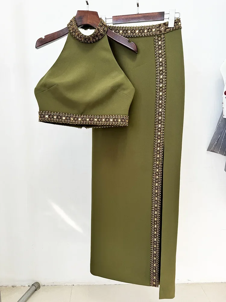 Personalizado indie más nuevo Fashion2025party diseñador traje de pasarela conjunto de mujer diamantes con cuentas Halter Tops Camis falda larga conjunto 2 piezas