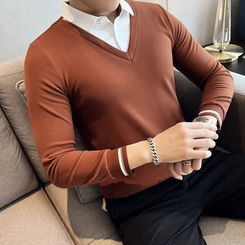 

High-quality Men’s Fake Two Pieces Shirt,Spring And Autumn Knit Dress,Slim-fit Long Sleeve Shirt;Pure Color Knitwear;