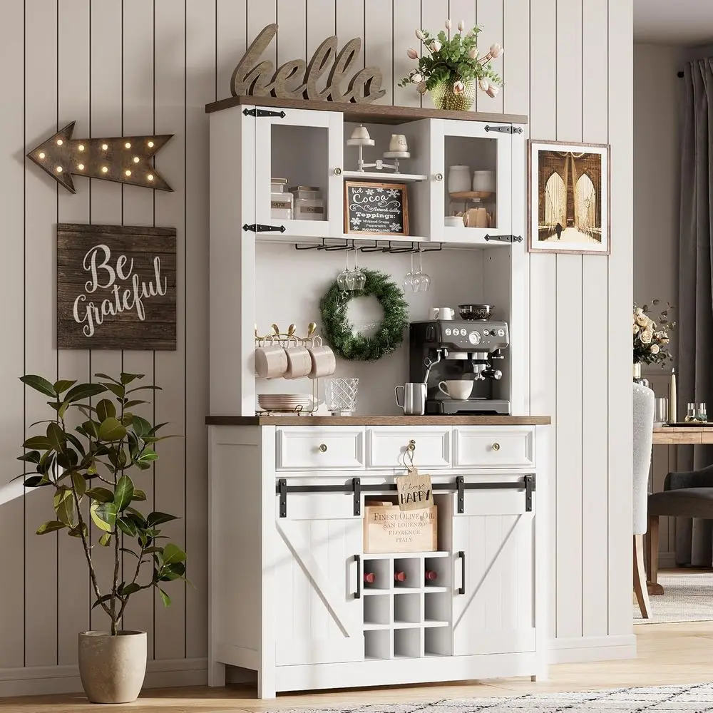 

72 White LED-lit Coffee Bar Cabinet with Power Outlet, Spacious Kitchen Hutch, 3 Drawers & Wine Rack, Sliding Door Tall Wine Cab
