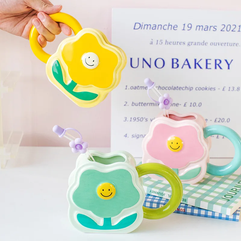 ins cute flower high value water cup girl heart student straw ceramic cup creative office mug