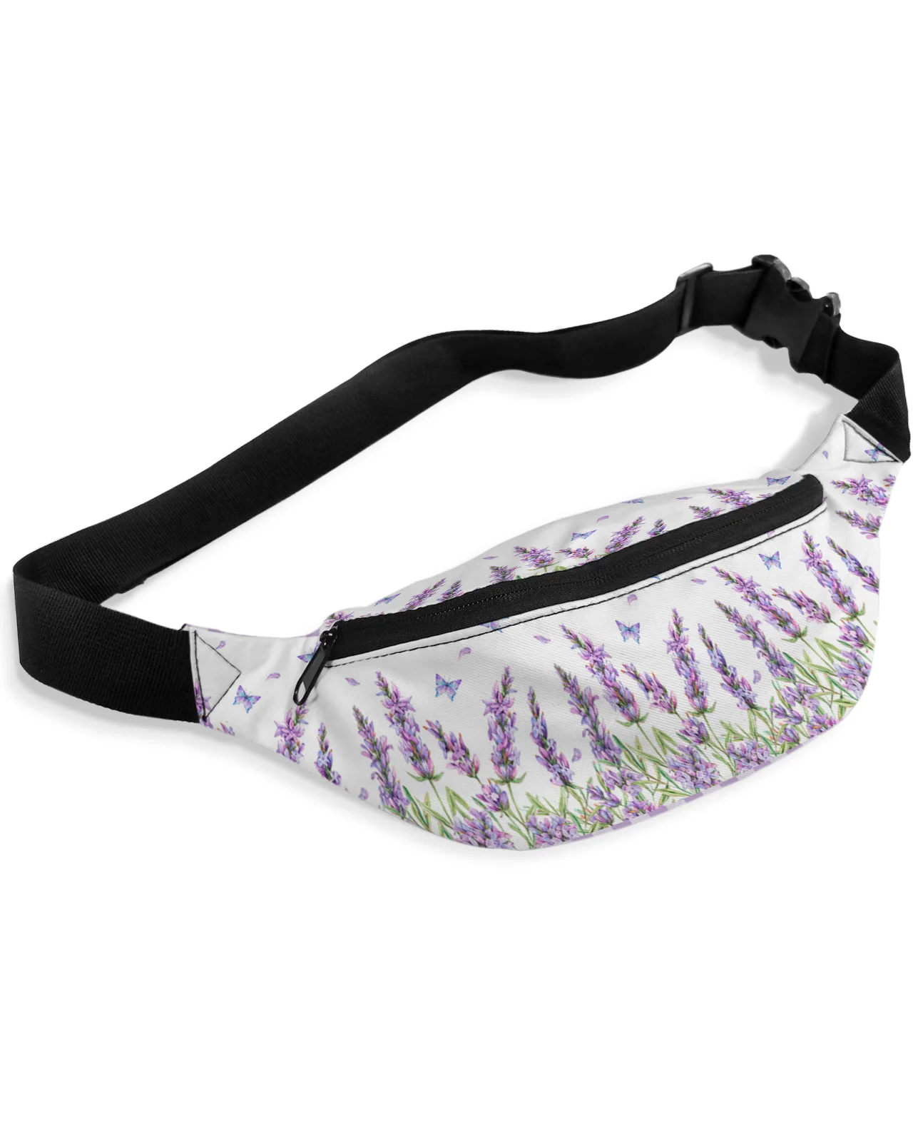 Lavender Flower Butterfly Purple Plaid Men Women Waist Bag Fanny Pack Phone Belt Bag Wallet Pouch Waterproof Banana Hip Bags