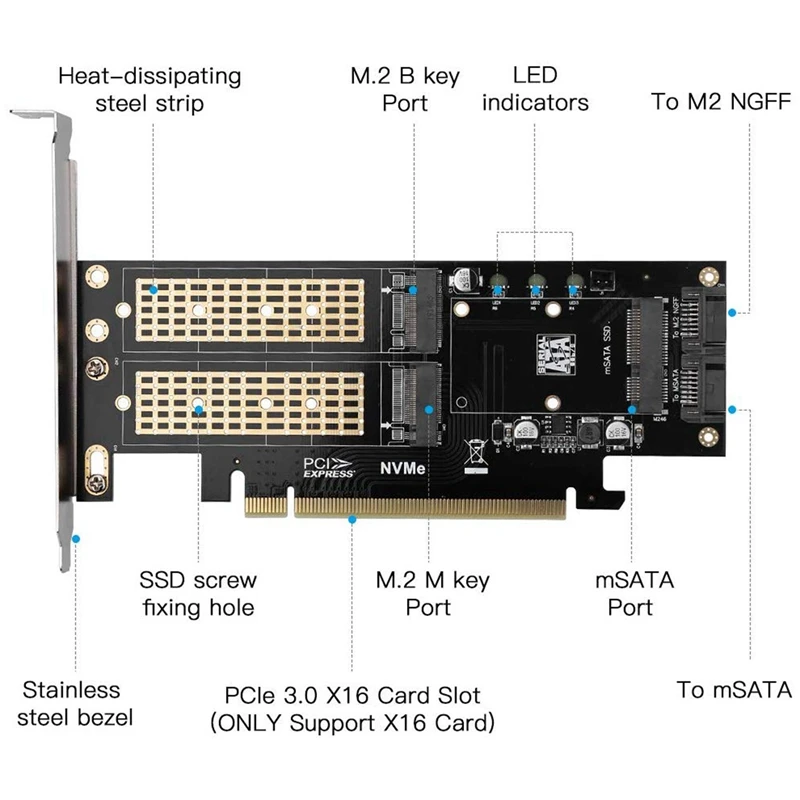 TTKK kartu adaptor SSD 3 dalam 1, NVME ke Pcie 16X/M.2 SATA SSD ke SATA III ke konverter SATA + 2 kabel SATA