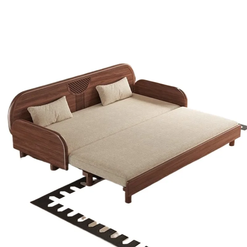 Chinese-style solid wood sofa bed integrated dual-use black walnut foldable living room balcony wooden pull-out bed