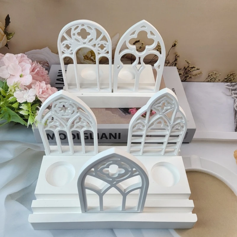 5pcs Silicone Moulds House Shape Candlesticks Resins Molds Gothic House Candle Holder Silicone Molds DIY Castings Mould