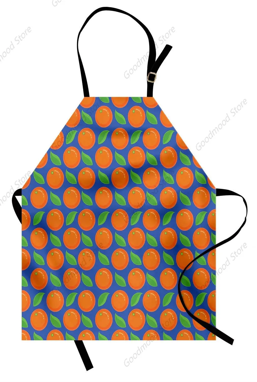 Orange Apron, Graphic Ripe Citrus Fruit Pattern with Green Leaves on Blue Background, Unisex Kitchen Bib Apron with Adjustable