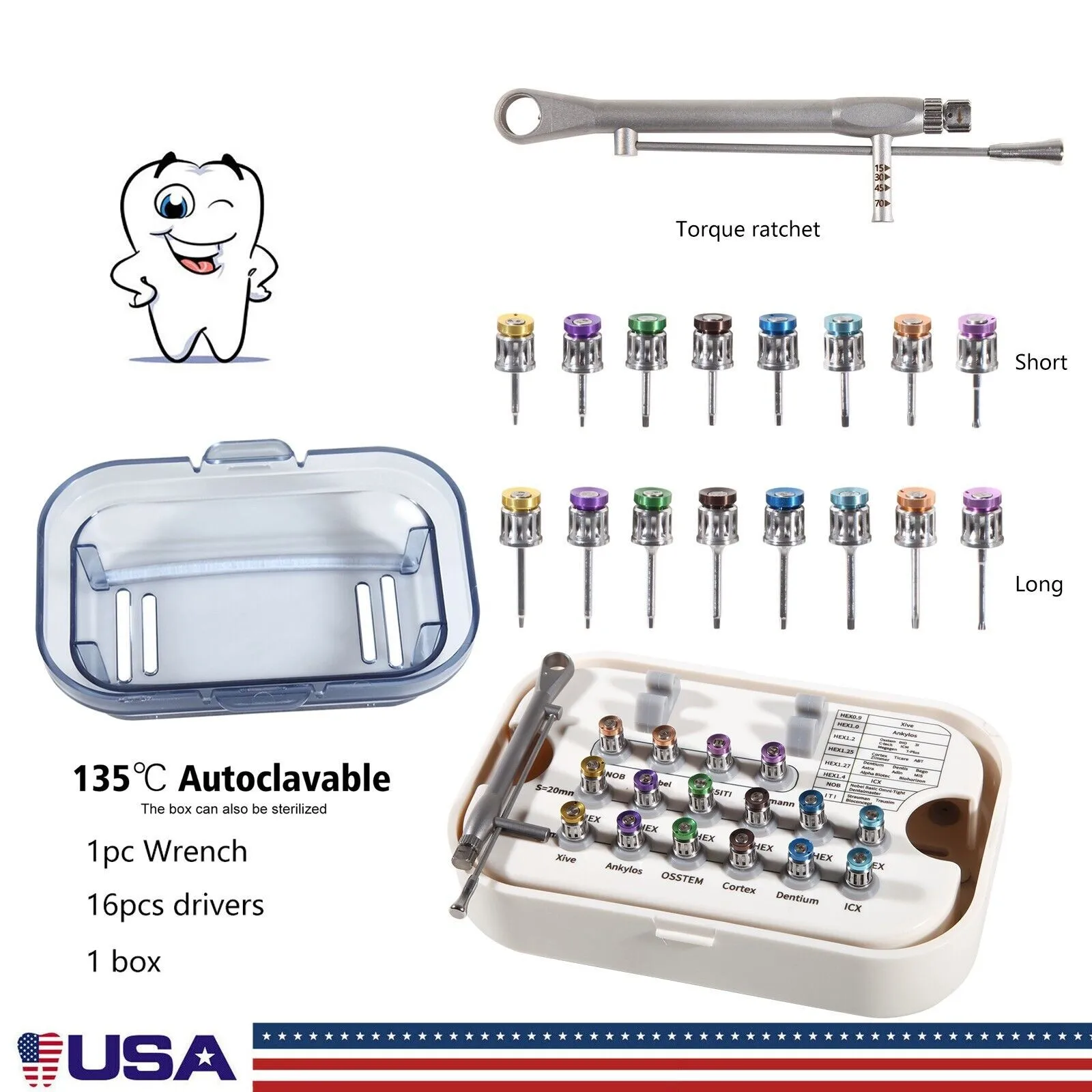 Dental Universal Implant Prosthetic Kit Torque Wrench+16PCS Screw Drivers Remover