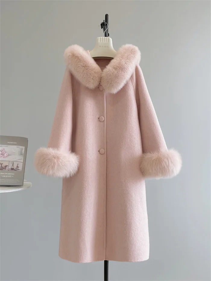Women's Autumn Winter Elegant Fox Fur Collar Cuffs Loos Long Wool Coat Lady Streetwear Single Breasted Loose Wool Outwear Top