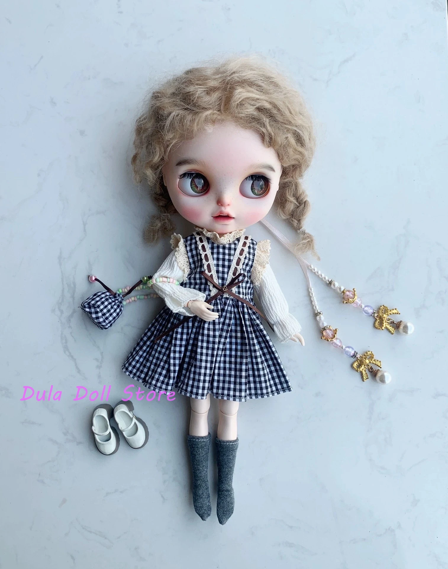 

Dula Doll Clothes Dress Navy plaid sundress turtleneck base set for Blythe ob24 ob22 Azone Licca ICY JerryB 1/6 Doll