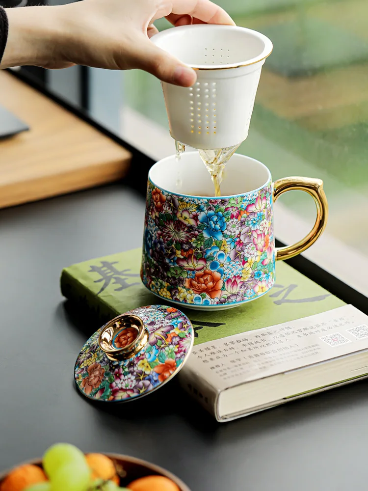 

Chinese enamel color tea cup ceramic with lid filter separation household tea personal special water cup