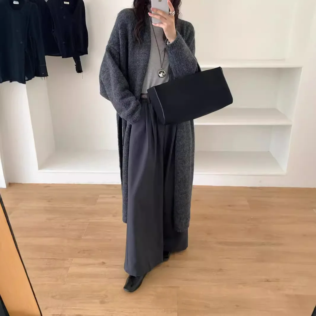 

New Autumn and Winter Simple Lazy Style Long Knee-length Wool Knitted Cardigan Coat for Women