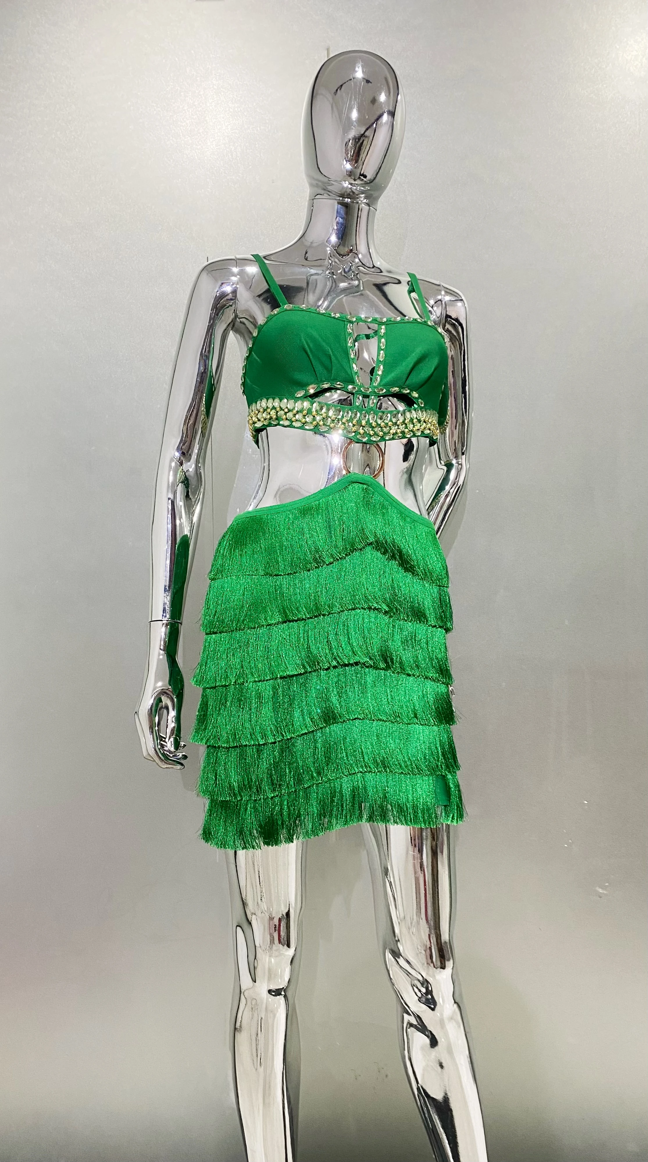 2024NEW Summer Green Split Mini Dress Sexy Fashion Women Pleated Fringe A-line Dress Before The Party