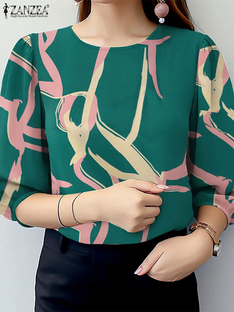 2025 ZANZEA Blusas de verano para mujer, Tops estampados, Túnica elegante con cuello redondo, Camisa de trabajo de manga 3/4, Blusas informales para vacaciones, camisa de gran tamaño