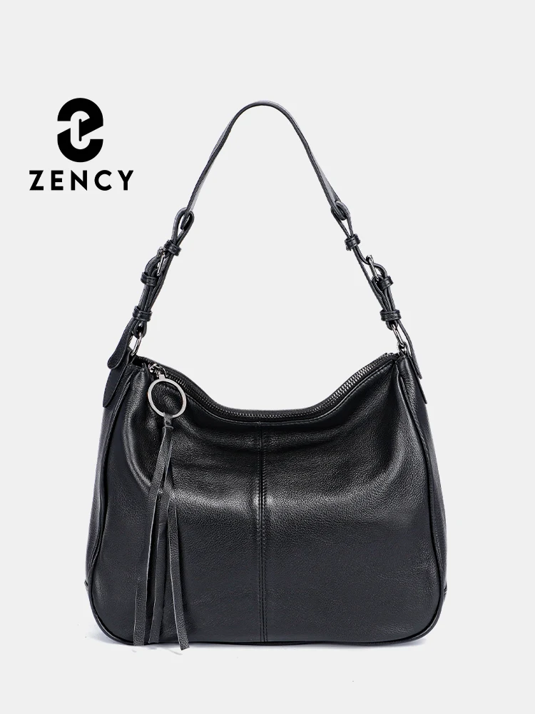 Zency New Black Beige Genuine Leather Hobo Bag Women Simple Classic Casual Handbag Shoulder Tote Soft Crossbody Big Pockets