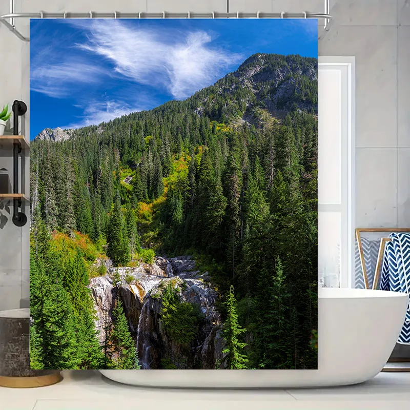 

Занавеска для душа в стиле природы с горным пейзажем для декора ванной комнаты, голубое небо, лесная зелень, 3D-печать, водонепроницаемая