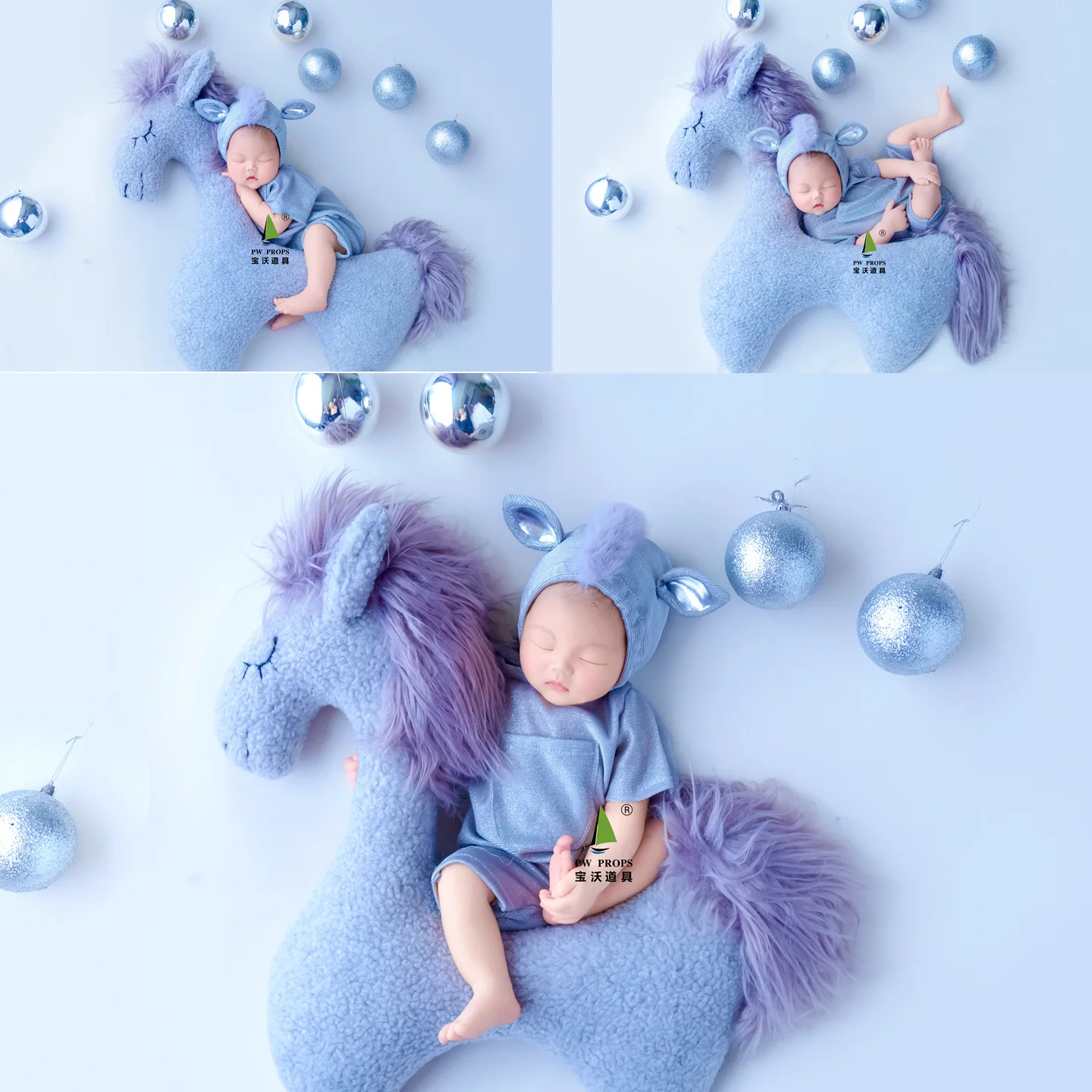 

Newborn Photography Props Blue Backdrop Clothing with Hat Set Posing Unicorn Doll Theme Set for Studio Photoshoot Accessories