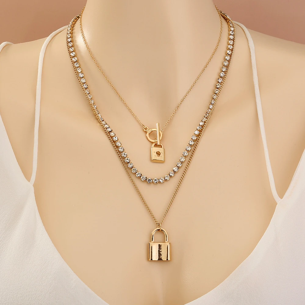 Vintage Boho Fashion Simple Geometry Chain Choker New Gold-plate Necklace For Women Punk Crystal Chain Lock Pendant Jewelry Gift