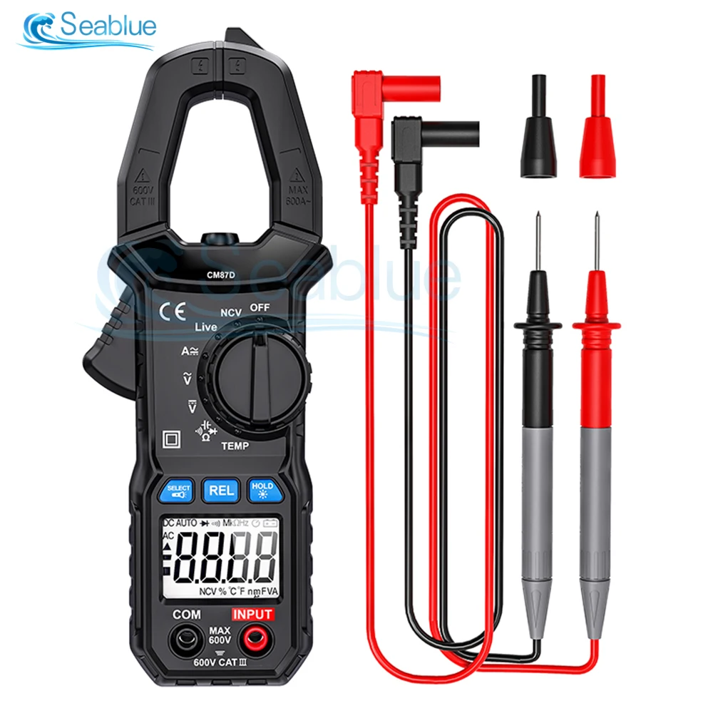 CM87D Clamp Meter LCD 600A AC/DC Current Amp Meter 6000 Counts Measures Flashlight Amp Volt Temperature Capacitance Resistance