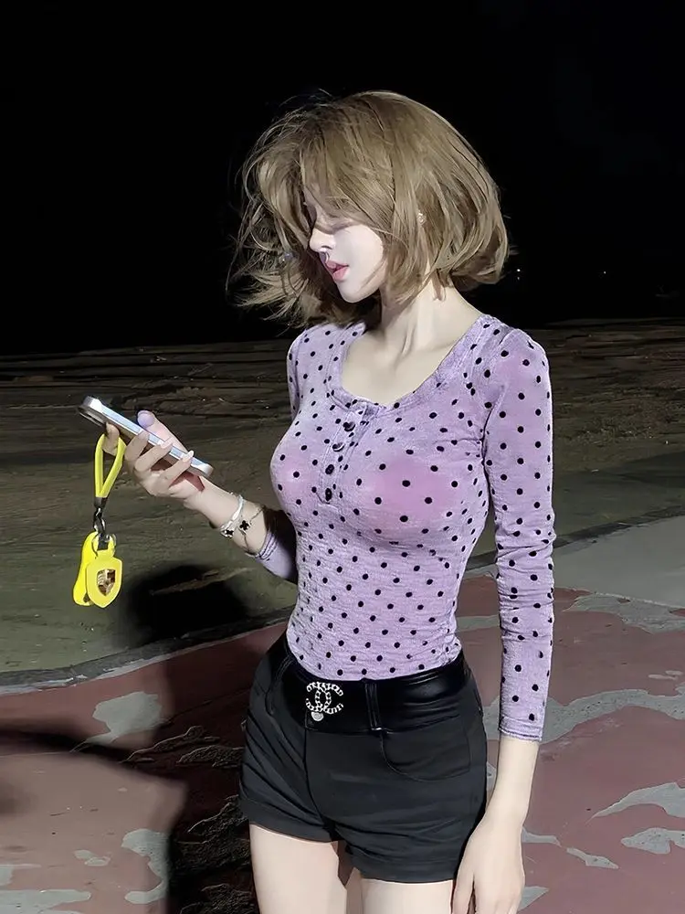 Kimotimo Polka Dot Print Tie Dye Round Neck Button Long Sleeve T-shirt Women Winter Retro Slim Fit Age-Reducing Base Layer Top