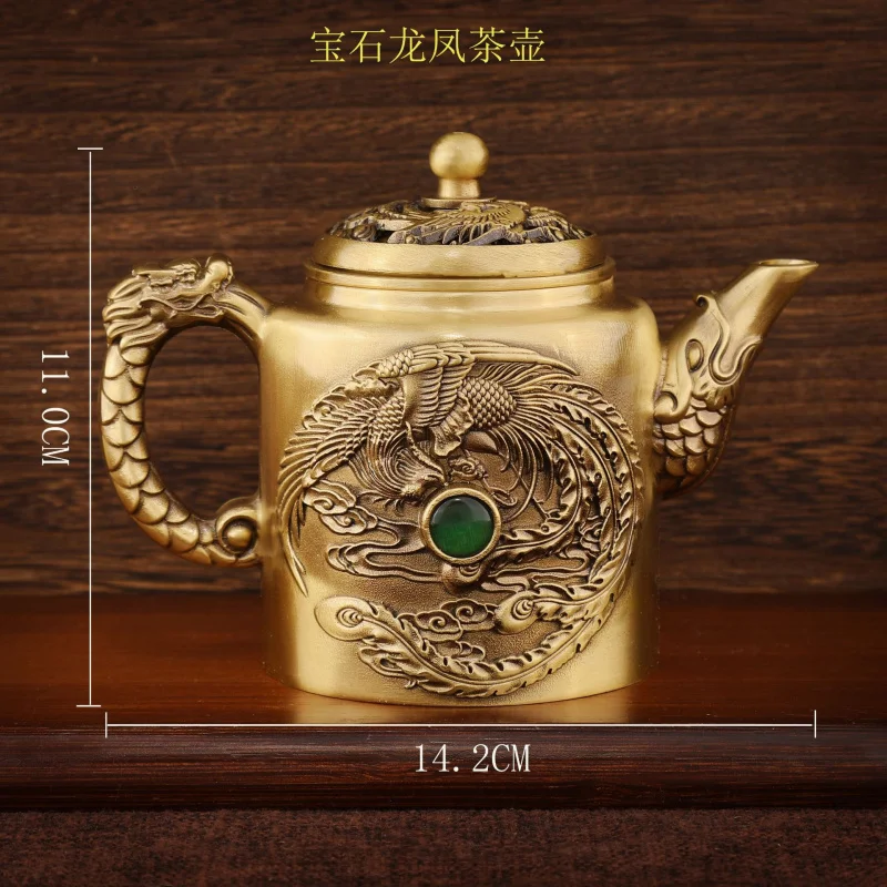 

Vintage Dragon and Phoenix Turning Gem Teapot Antique Old Copper Decoration Ornaments