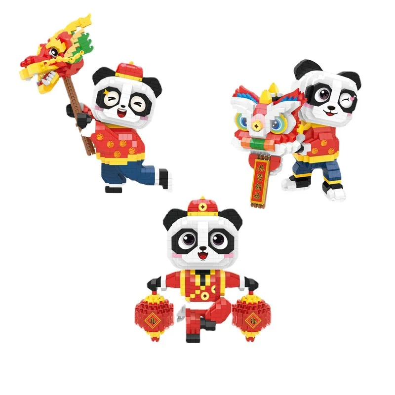 New Year Panda Micro Building Blocks Chinese Traditional Culture Dragon Lion Dance 3D Model Mini Bricks Figures Toy For Kids