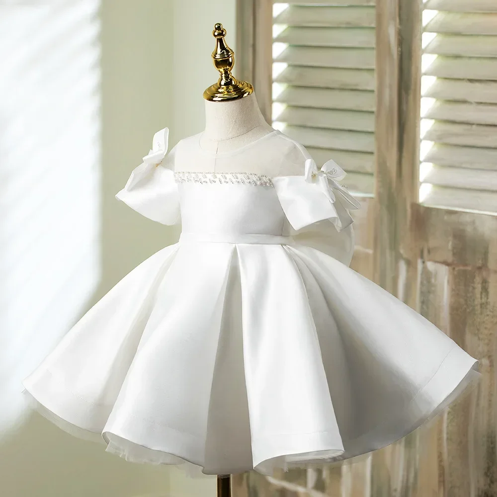 2025 Solid Formal Dresses Christening Dress for Girl Wedding Bridesmaid Costume White Frocks for Girls Ceremonial Simple Clothes