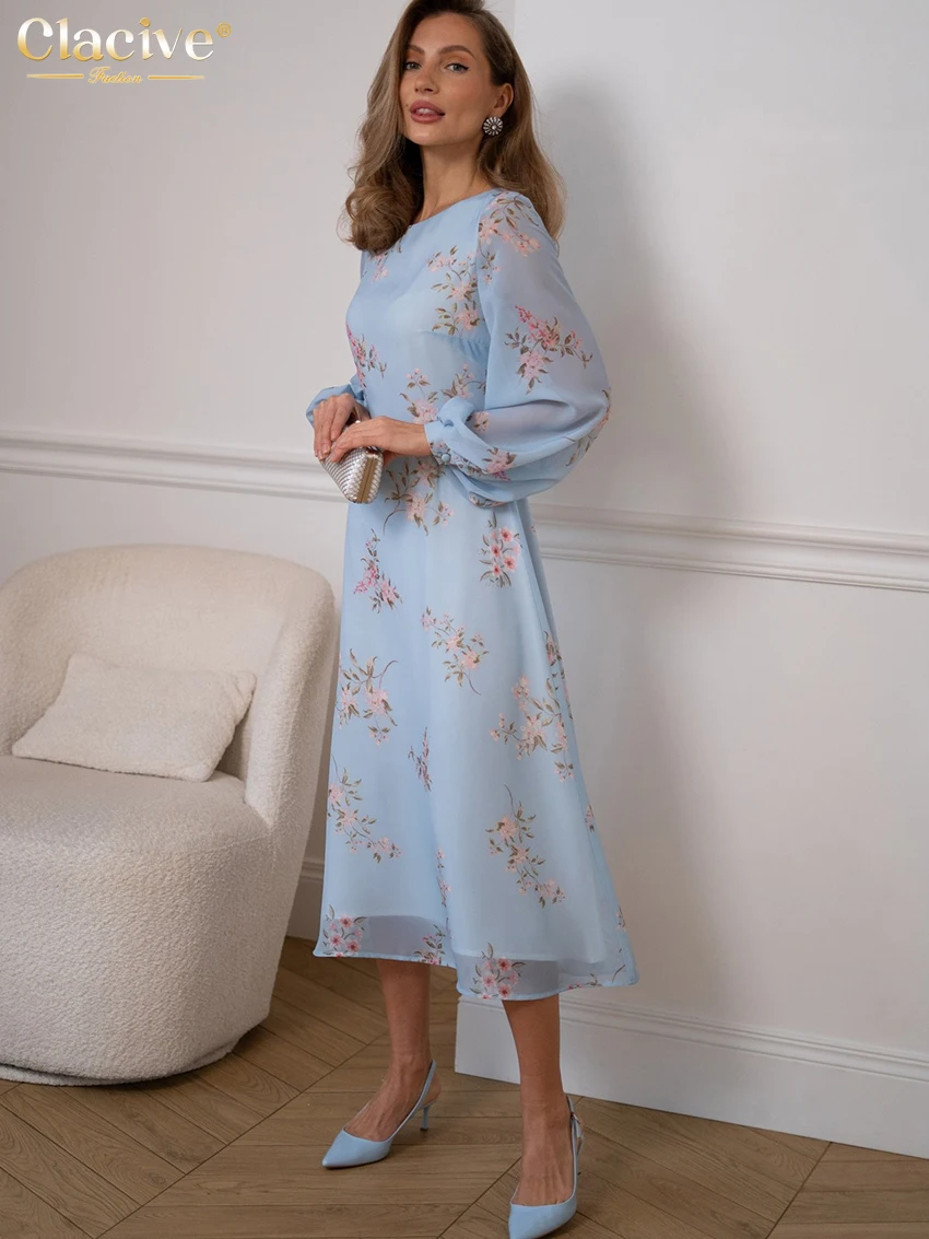 

Clacive Fashion Loose Print Women's Dress 2026 Spring O-Neck Puff Sleeve Ankle-Length Dresses Lady Elegant Classic Female Dress