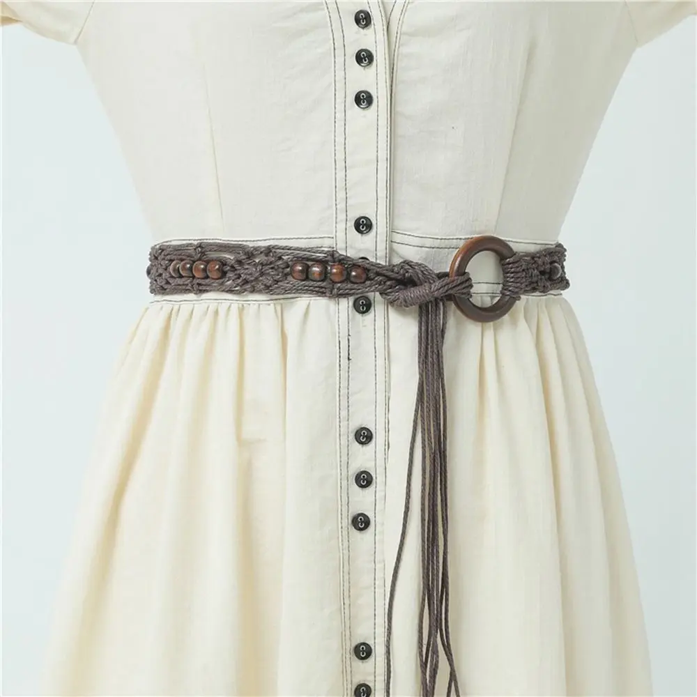 

Women Belts Beads Wax Rope All-match Beach Waist Rope Women Waist Chain Round Wooden Button Braided Belt Ethnic Style Belts