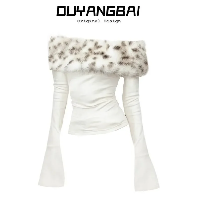 

Женская футболка с меховым воротником на одно плечо и длинными рукавами в американском стиле, осенне-зимний дизайн, тонкий топ длиной до талии до плеч