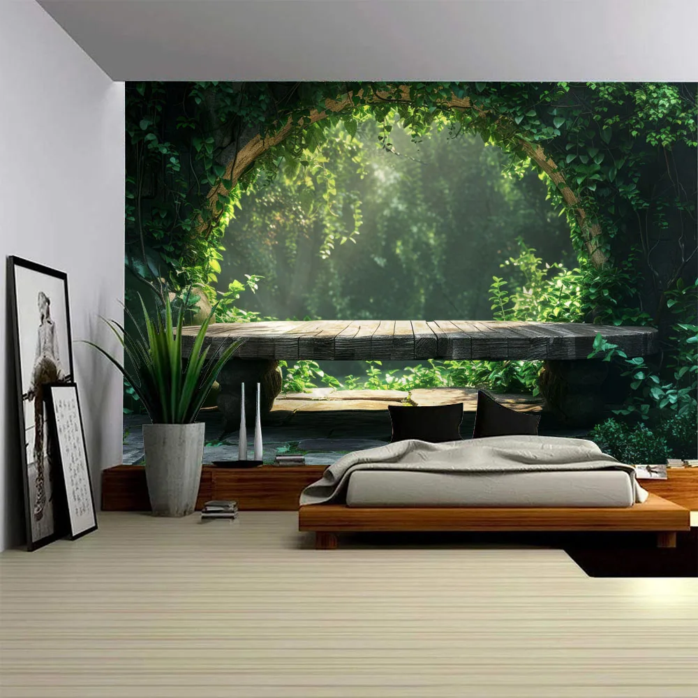 Aesthetic Vine Stone Cave Tapestry with Green Plants Wooden Table And Sea Starry Sky Background Hanging Home Decor