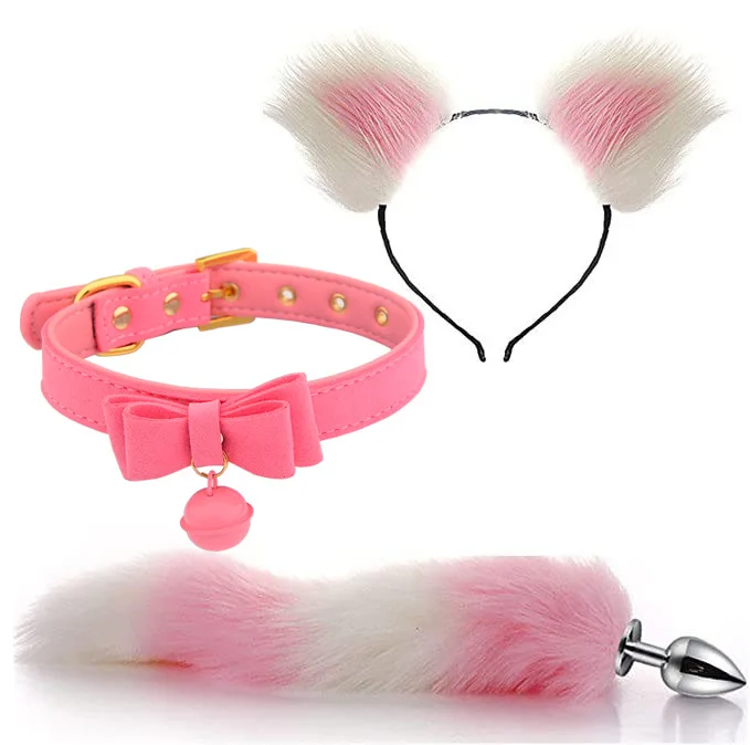 Cute Fox Tail Anal Plug Bow-Knot Soft Cat Ears Headbands Collar Erotic Cosplay Couples Accessories SM Sex Toys for Female Male