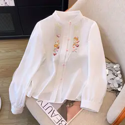 2024 New Spring Autumn Chinese Style Solid Color Long Sleeve Tops Women's Stand Collar Blouses Embroidered Button Casual Shirts