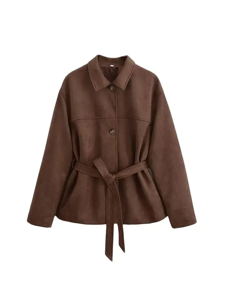 

GELITAYIN TRZA-Women's Faux Suede Loose Jacket, Long Sleeve Coat, Front Button, Female Outerwear, Chic Tops, Fashion